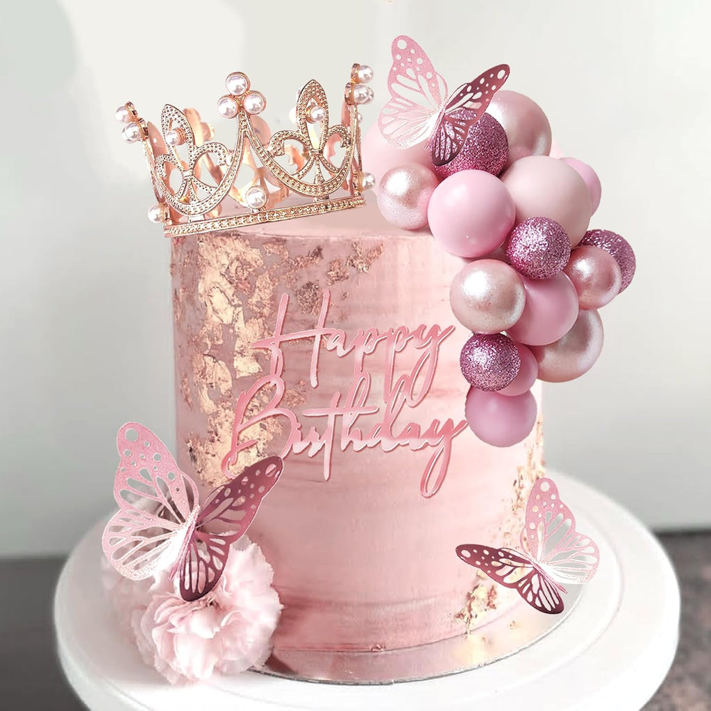 Balls Cake Toppers Happy Birthday Crown Tiara Cake Toppers for Birthday Wedding Baby Shower Party Decorations (Rose Gold Pink)