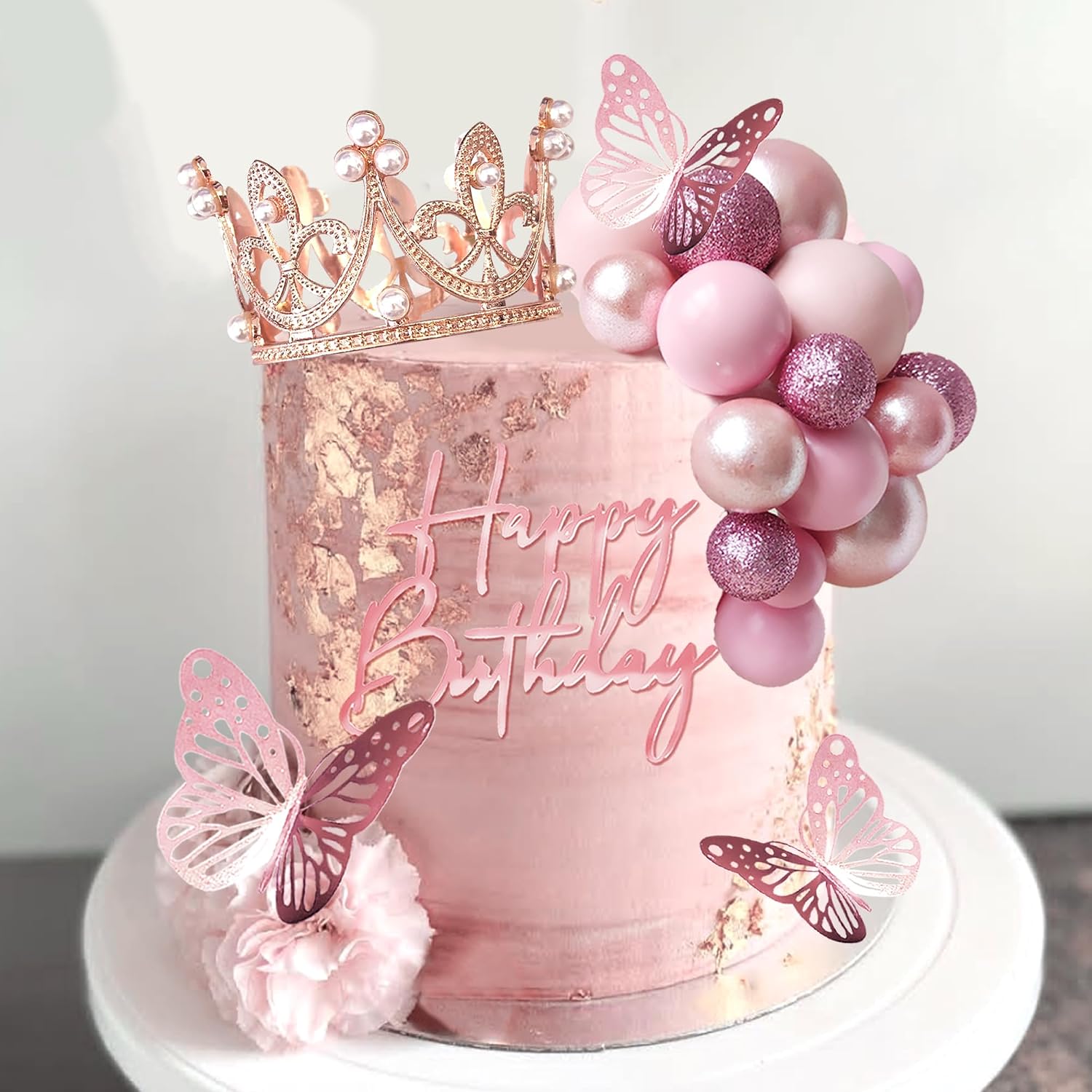 Balls Cake Toppers Happy Birthday Crown Tiara Cake Toppers for Birthday Wedding Baby Shower Party Decorations (Rose Gold Pink)