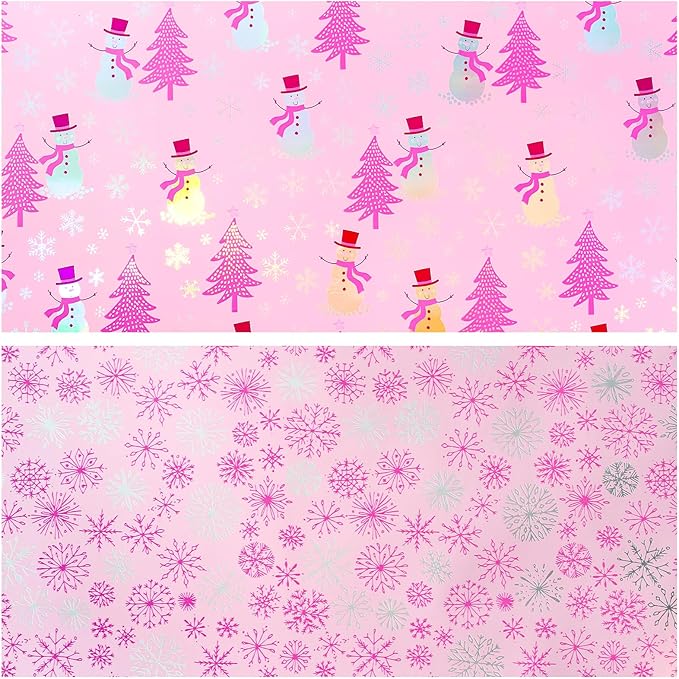LeZakaa Christmas Pink Wrapping Paper Jumbo Roll, Snowman Christmas Tree & Snowflake Metallic Foil, Rose Gold Foil Reversible Design for Festive Winter Holiday, Family Gathering, 30 inches x 100 Feet
