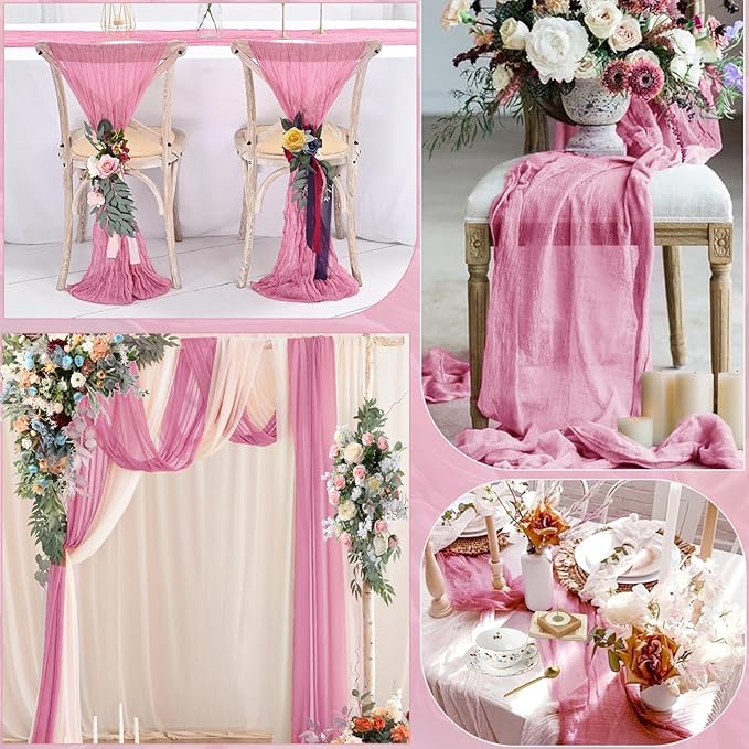 16PCS Dusty Rose Cheesecloth Table Runner 10FT Table Runner Cheesecloth 35x120Inch Boho Gauze Cheese Cloth Table Runner Long Rustic Sheer Table Runners for Wedding Party Baby Bridal Shower Table Decor