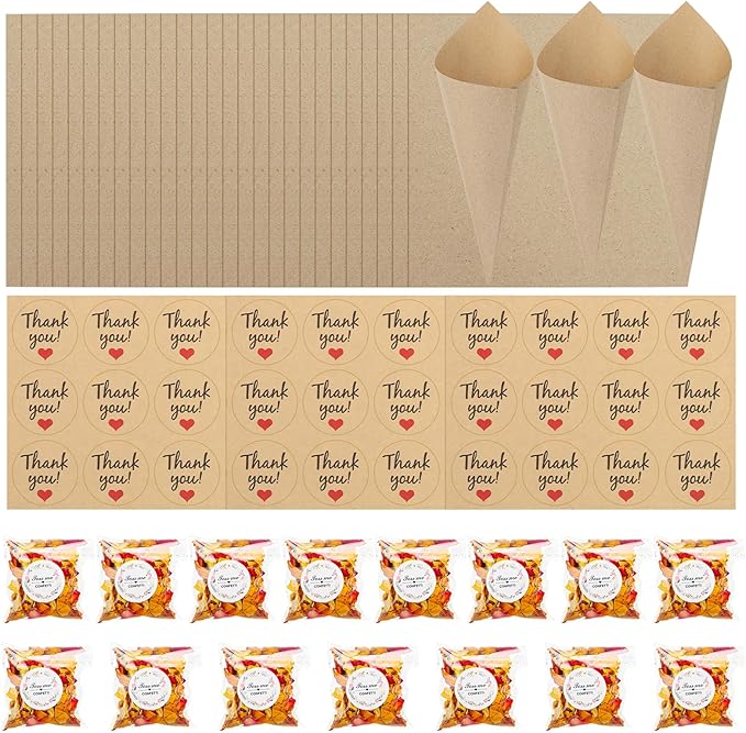 PATIKIL Dried Flower Confetti Cones, 30Pcs Paper Tapers Cone Holder with Dried Rose Petals / Sticker for Wedding Party Engagement Birthday DIY Decoration, Red/Yellow