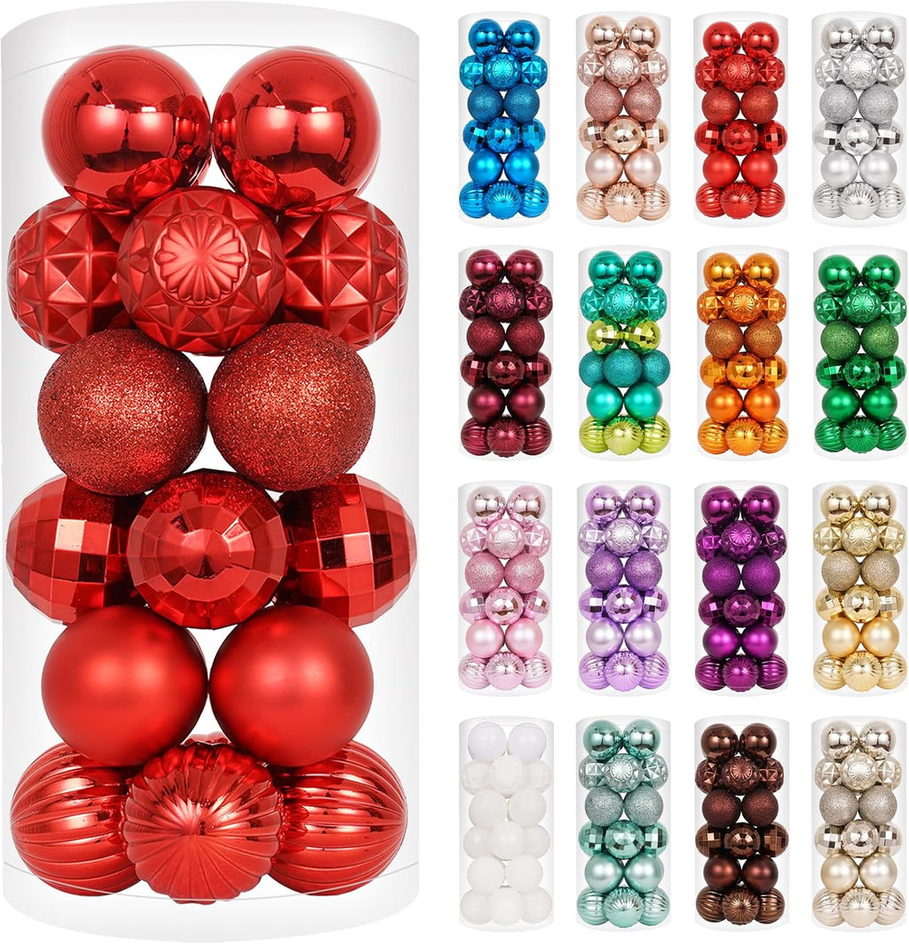 XmasExp 24ct Red Christmas Ornaments for Tree Decorations, Small Shatterproof Christmas Ball Ornaments Set for Xmas Tree, Perfect Plastic Hanging Balls for Home Holiday Party Decor (1.57'', Red)