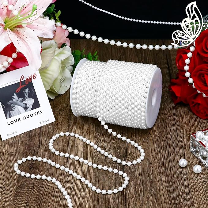 99 Feet 6mm Pearl Strings Garland for Crafts, Artificial Pearl Beaded Trim Chain Roll Strands for Wedding Centerpieces Bouquet Party Decoration Christmas Tree Garland, White