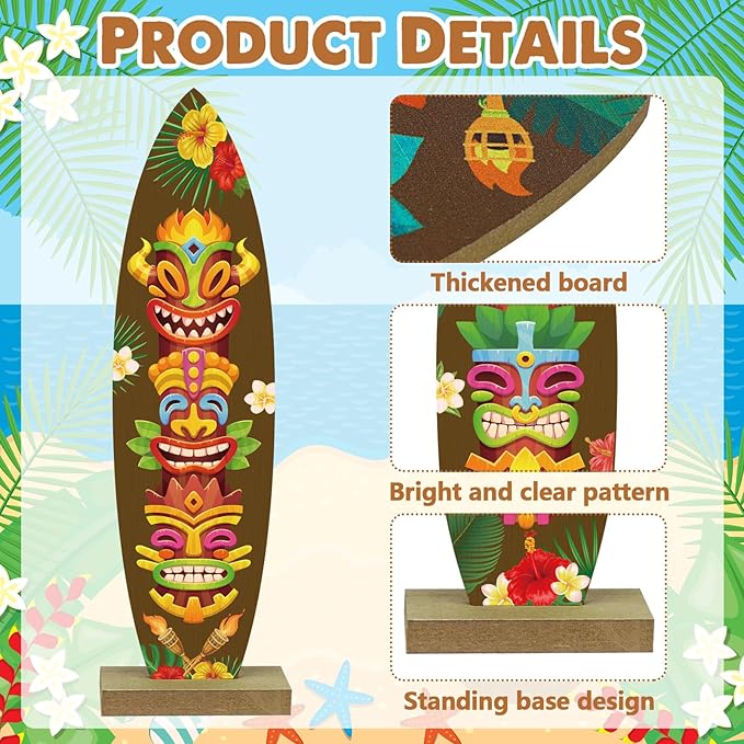 4 Pcs Surfboard Decorations for Party Welcome to Paradise Sign Tropical Bar Table Centerpieces Surfboard Beach Signs for Home Summer Theme Wood Tropical Birthday Party Decor(Tiki Style)