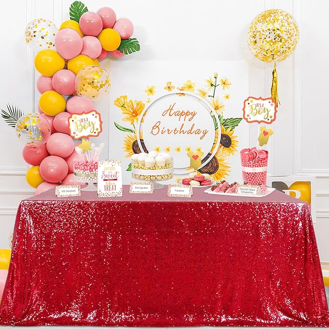 QueenDream Red Sequin Tablecloth 90x132 Inch Red Glitter Table Cloth for Birthday Bridal Shower Party Christmas