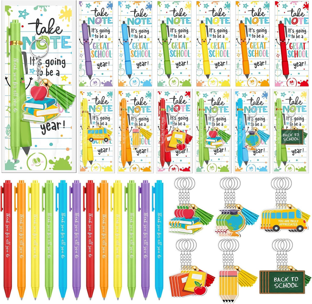 72 Pcs Back to School Gifts for Students First Day of School Gifts Set Classroom Welcome Favors with Keychain Ballpoint Pen Cards for Party Favor Exchange Gift