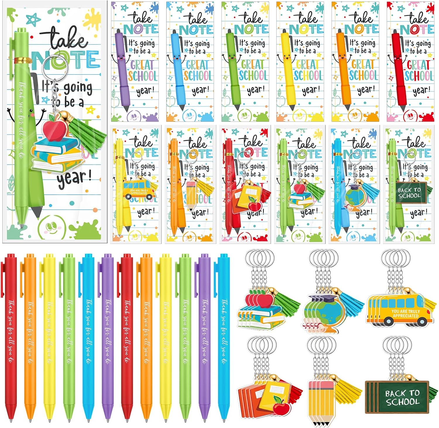 72 Pcs Back to School Gifts for Students First Day of School Gifts Set Classroom Welcome Favors with Keychain Ballpoint Pen Cards for Party Favor Exchange Gift