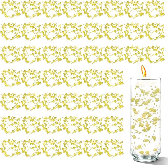 50 PCS Artificial Floating Beads for Centerpieces Vases, Yellow 8+3mm String Beads for Wedding Party Faux Pearl String for Decorating, String Pearls for Crafts Vase Filler