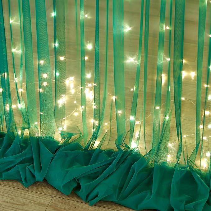 Hunter Green Tulle Backdrop Curtains with Lights String for Parites 10x10ft Sheer Backdrop Curtains Drapes for Birthday Party Bridal Shower Baby Shower Photo Booth Background Decorations