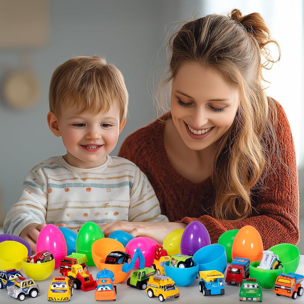 SUGFUT 24 PCS Prefilled Easter Eggs with Toys Pull Back Cars Easter Basket Stuffers for Toddler Gifts for Kids - Easter Party Favors