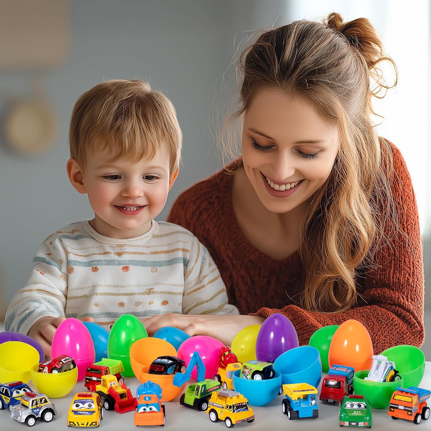 SUGFUT 24 PCS Prefilled Easter Eggs with Toys Pull Back Cars Easter Basket Stuffers for Toddler Gifts for Kids - Easter Party Favors