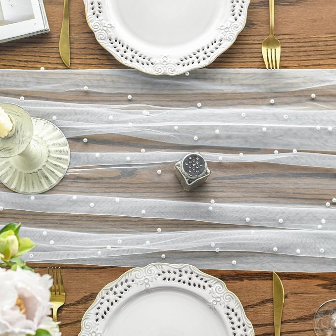 Artoid Mode Pearl Gauze Table Runner 120 Inch 10FT, Seasonal Sheer Dining Holiday Wedding Birthday Baby Shower Table Decor for Home Party