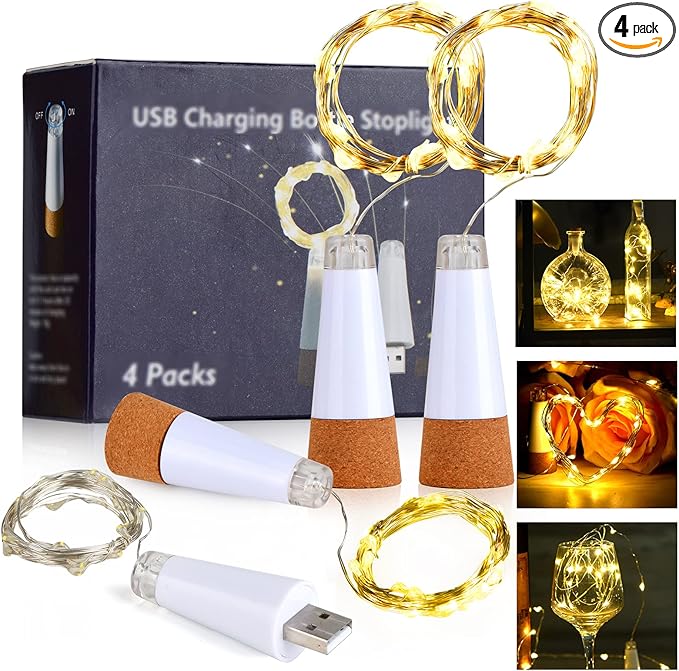 Wine Bottle Lights with Cork Switch for Liquor Bottles 4 Pack Rechargeable Battery Operated 20 Led Bottle Stopper Warm String Fairy Lights Indoor Christmas Wedding Halloween Decorations