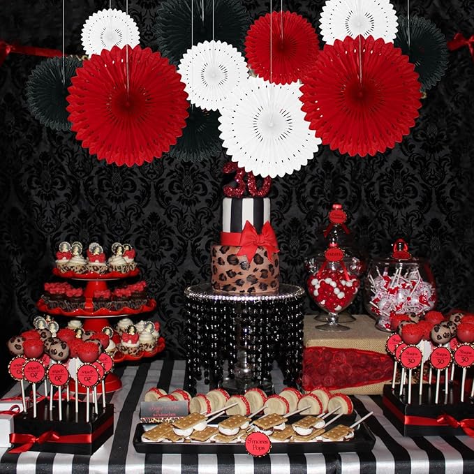 18 Pcs Red White Black Hanging Paper Fan, Hanging Honeycomb Round Paper Fans for Weddings, Birhdays, Christmas, Baby Showers, Classroom, Bachelor Ceiling Party Supplies