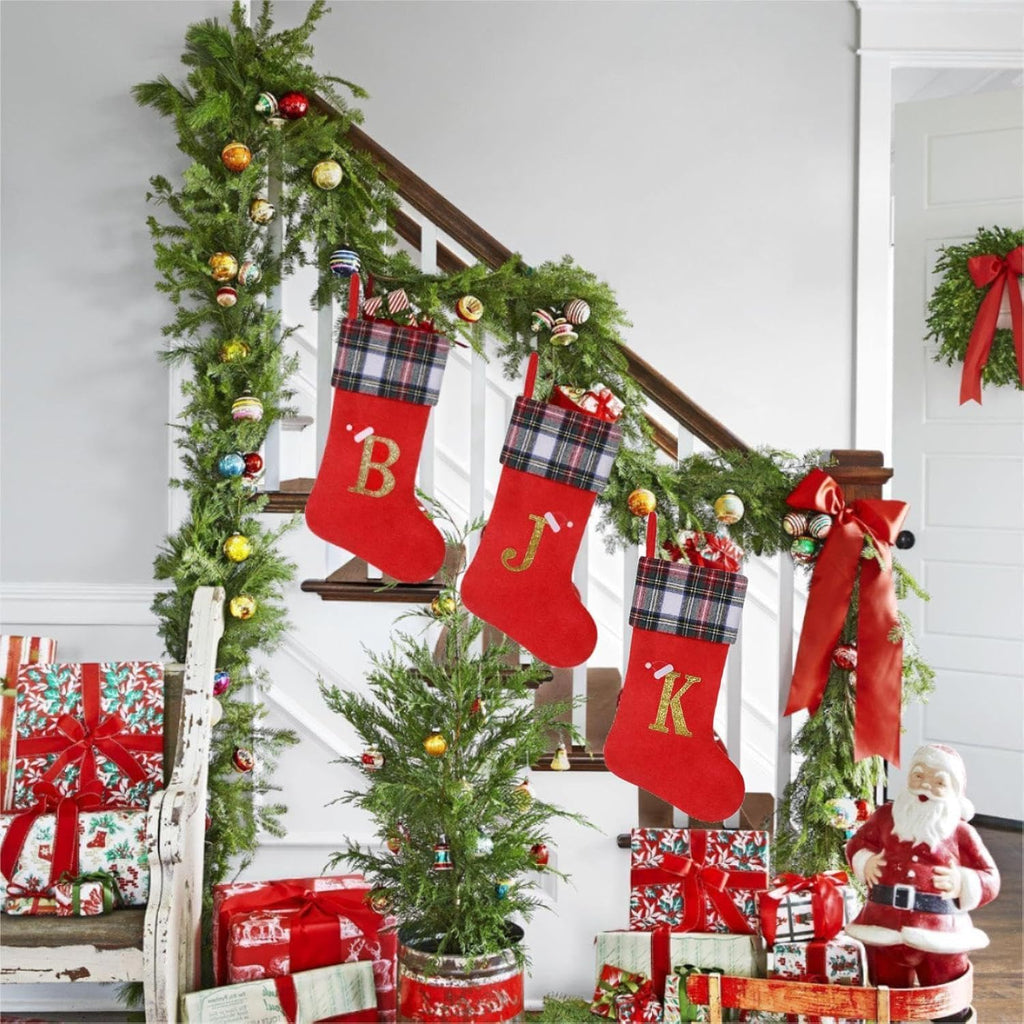 19 inch Red Plaid Christmas Stockings,Initial Monogram Personalized Christmas Stocking,Hanging Ornaments for Family Holiday Xmas Party Decorations-A