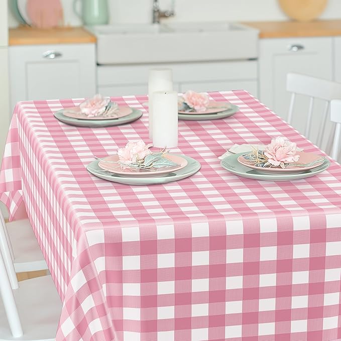 12Pack Table Cloth Rectangle Table, 54" x 108" Plastic Table Cloth Disposable, Waterproof Pink and White Checkered Table Cover for Outdoor Picnic Birthday Party Supplies Gathering BBQ Holiday Dinner