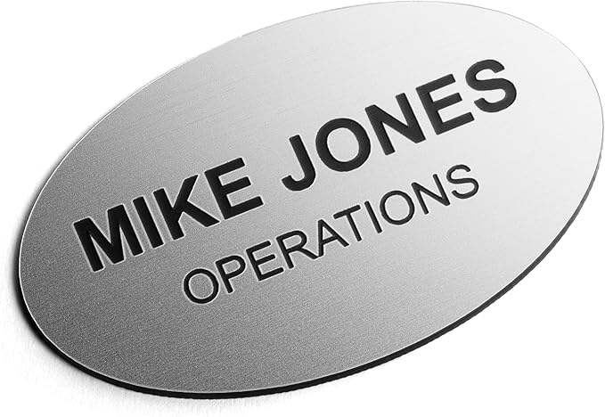 Custom Engraved Name Tag Badges – Personalized Identification with Pin or Magnetic Backing, 2.8 Inch Oval, Radiant Silver/Black