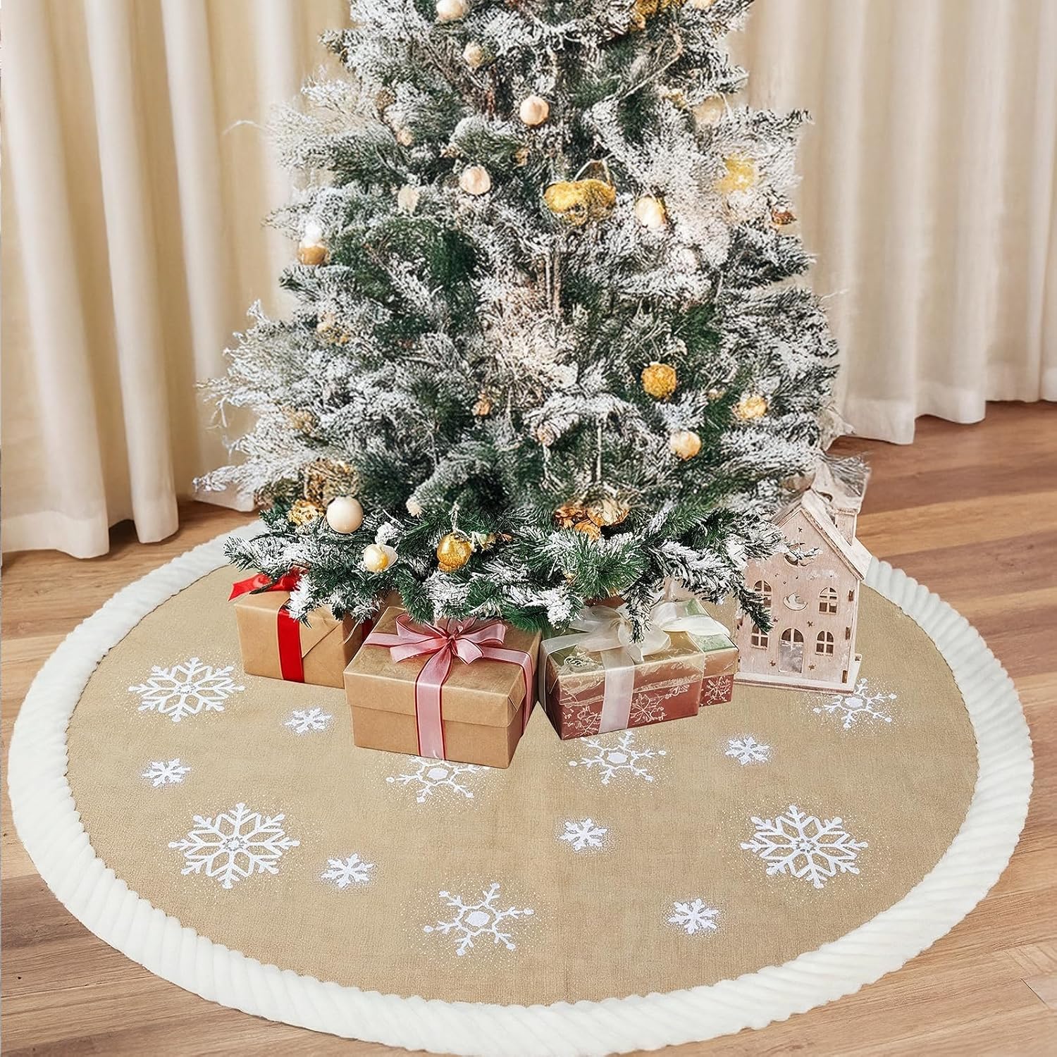 AerWo 60 inch Christmas Tree Skirt with White Snowflake, Large Burlap Tree Skirts with Fur Border, Rustic Farmhouse Tree Skirt for Xmas Tree Decorations Indoor Outdoor Holiday Decor