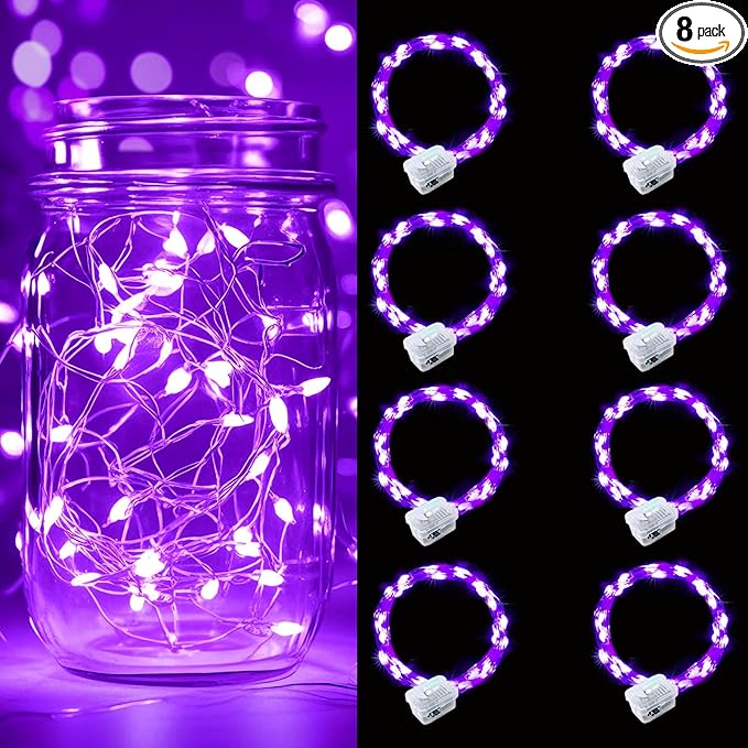 pozzolanas 8 Pack Purple Battery Operated String Lights - 7ft Waterproof Fairy Lights with 20 LEDs for Home, Mason Jar, Party, Wedding, Halloween, Christmas Decorations