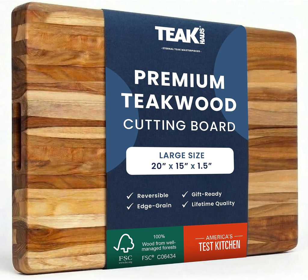teakhaus edge-grain teak wood cutting board with grip shown in use