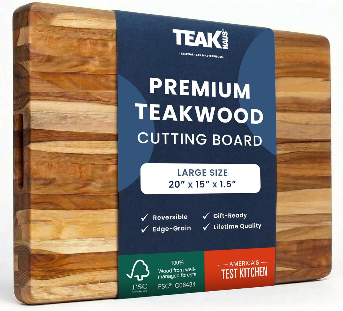 teakhaus edge-grain teak wood cutting board with grip shown in use