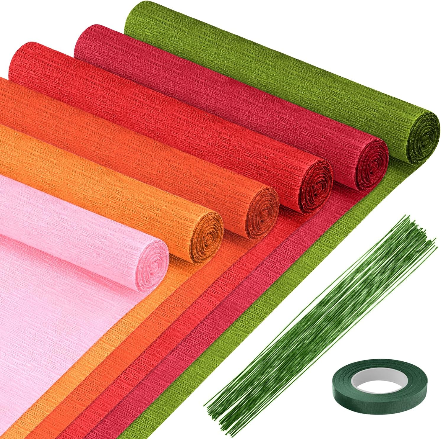 Mlurcu Crepe Paper - 6 Rolls, Red, 10 Inch Wide, Streamers, Flower Making Kits, Green Floral Tape and Floral Stem Wire for Wedding, Festival, Party, DIY Flower Crafts
