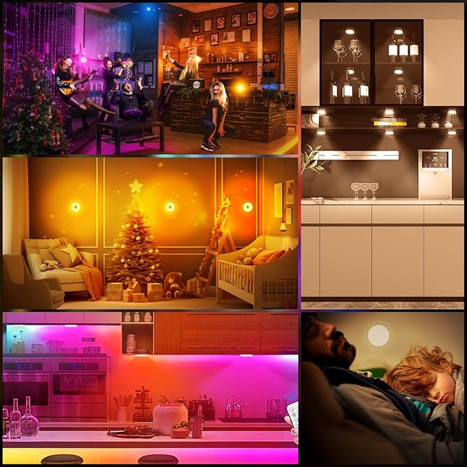 Rechargeable Puck Lights with Remote Control, 12 Color Changing Under Cabinet Lighting, Wireless RGB tv Led lights for bedroom & Closet, Dimmable Magnetic under counter lights for kitchen, Shelf,Party