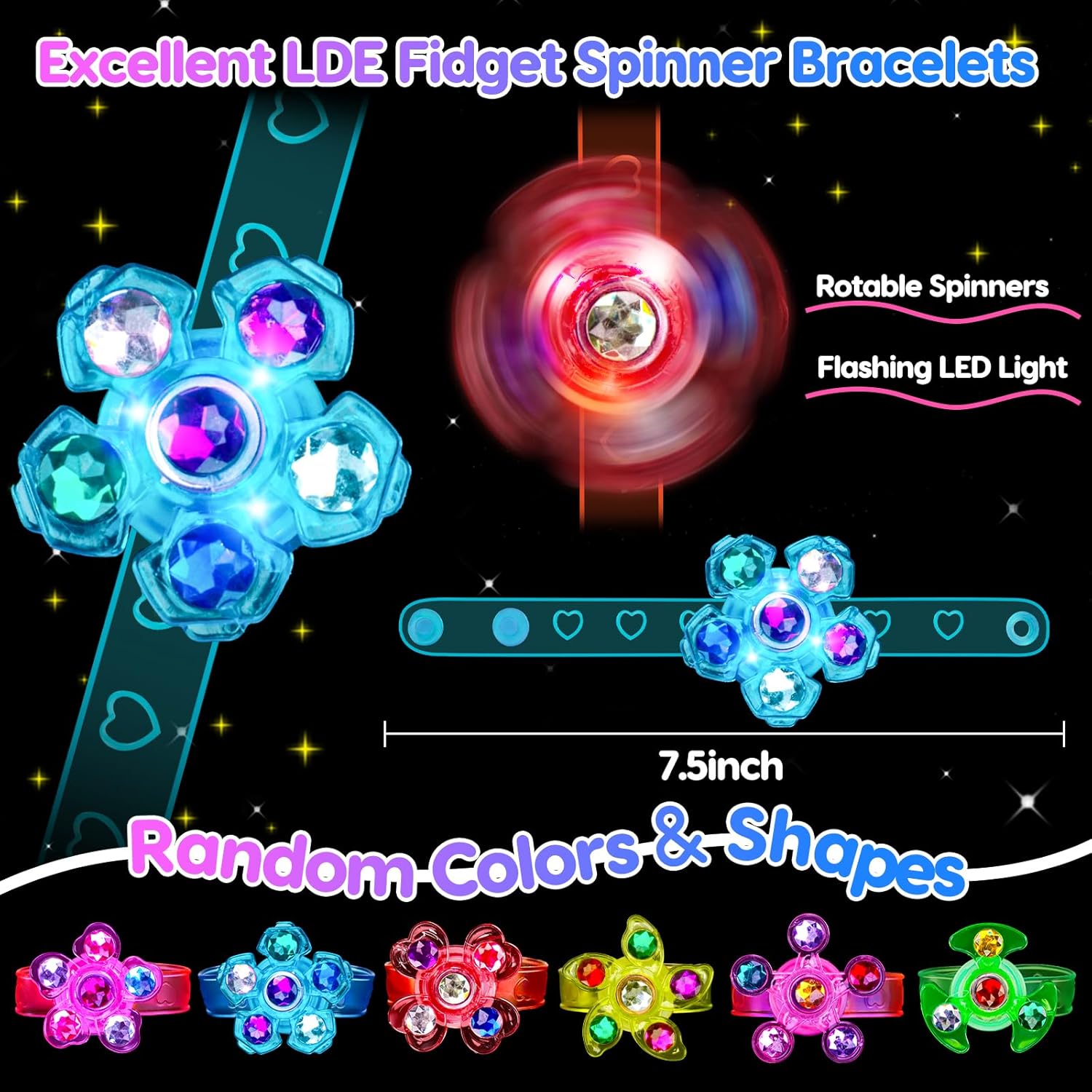 24PCS Light Up Fidget Spinner Bracelets Birthday Party Favors Bulk for Kids 4-8 8-12 Summer Goodie Treat Bag Stuffers Pinata Filler Classroom Treasure Toys Carnival Prize Back to School Student Gift