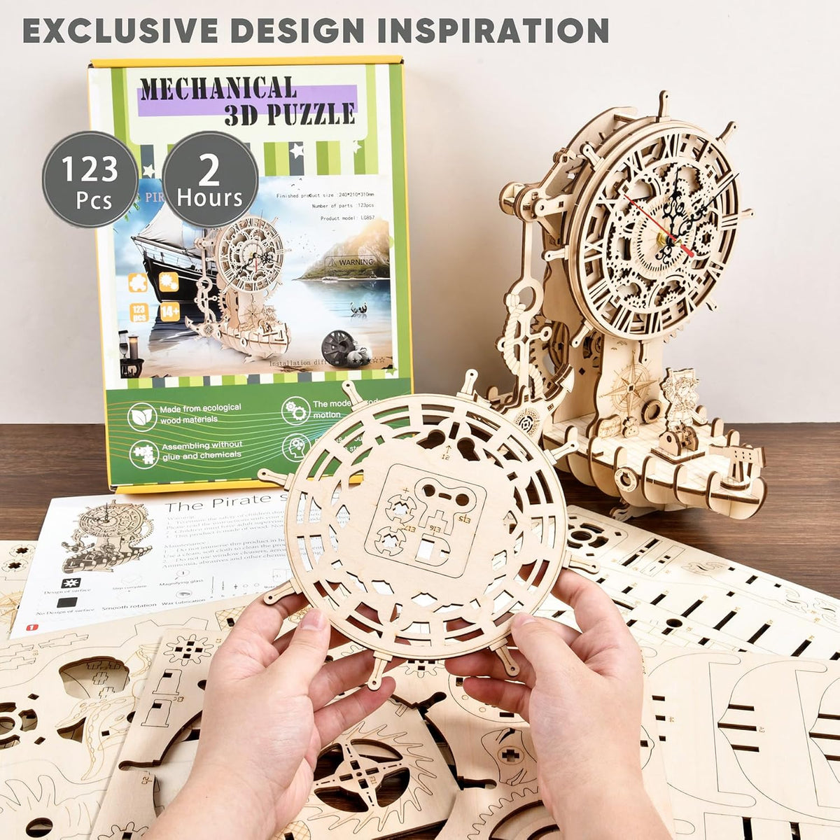 3d wooden puzzle mechanical clock – pirate ship shown in use