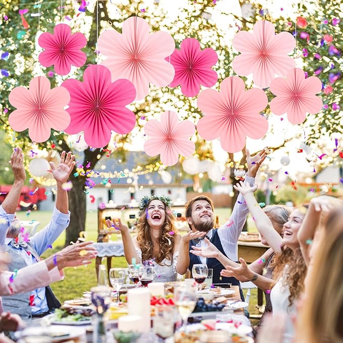 Easy Joy Hot Pink Paper Flowers Decorations for Wall Pink Paper Fans Classroom Decoration Paper Floral Backdrop Decor Paper Fans Decoration Hanging Paper Fans Pink Flower Wall Decor, Set of 9