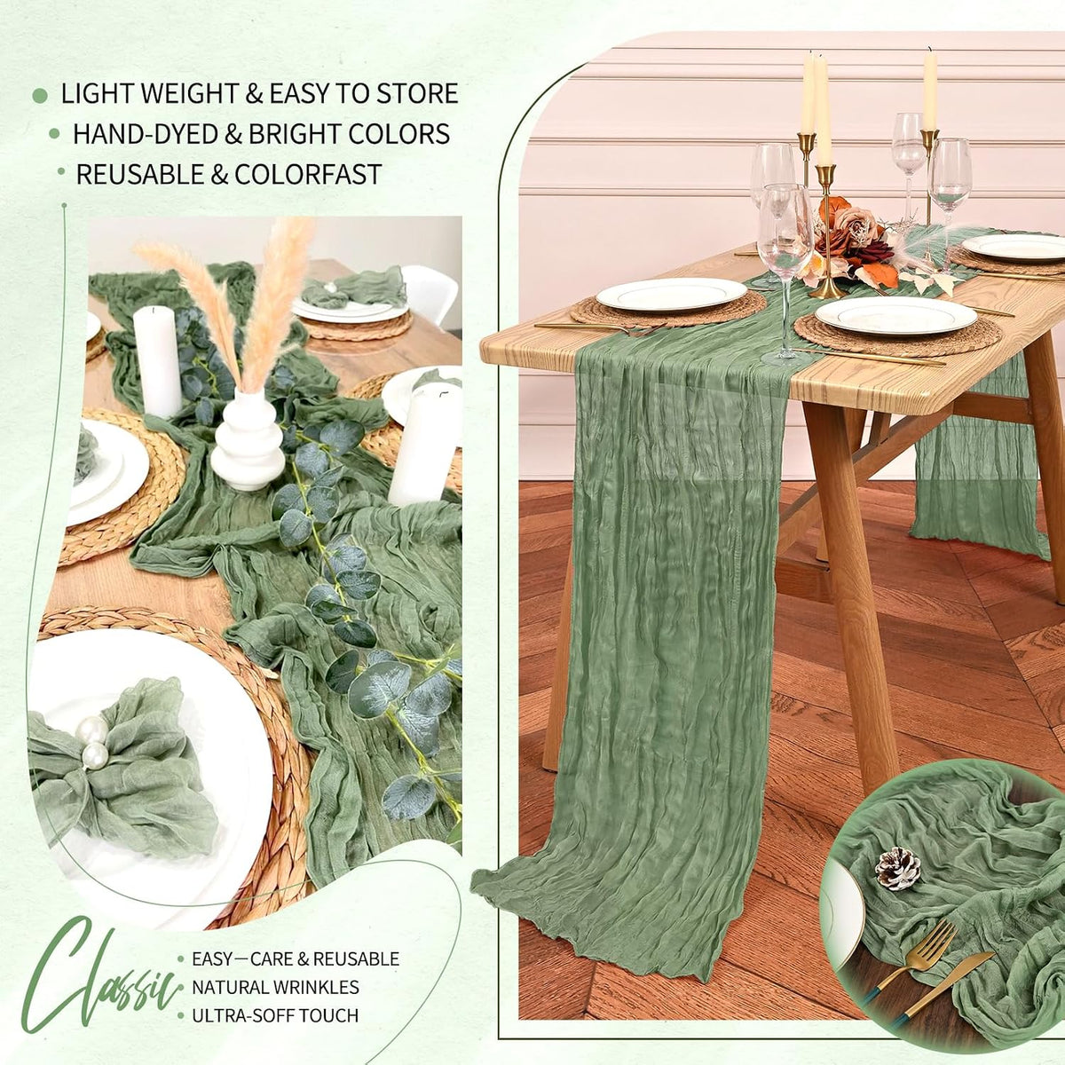 20 Pack Sage Green Cheesecloth Table Runner Wedding Birthday Table Decor