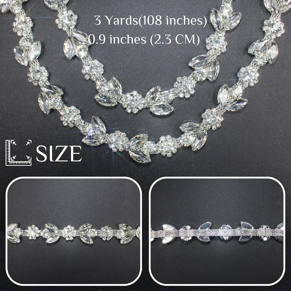 3 yard rhinestone trim chain silver string crystal, close-up detail
