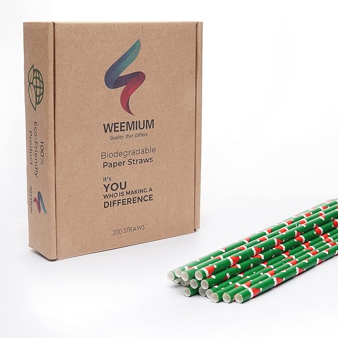 Weemium Christmas Paper Straws - [200 Pack] in 10 Designs - Biodegradable Christmas Straws for Drinking, Party and Crafts