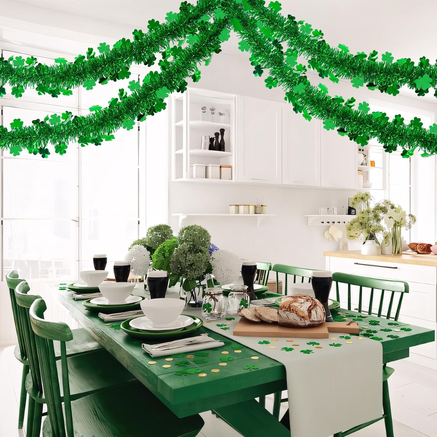 2 Pack St Patrick’s Day Tinsel Garland Decoration 66 Feet Hanging Metallic Green Shamrock Garland for Irish Festival Mantle Wall Window Decor