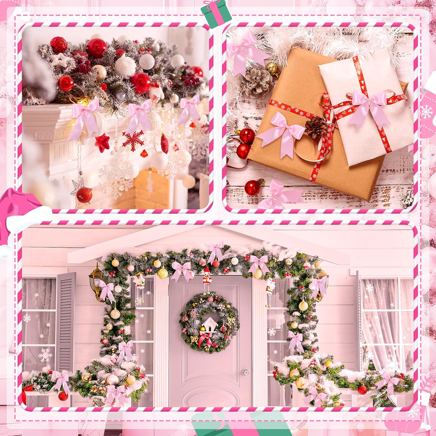 24 Pcs Pink Satin Ribbon Bows Christmas Tree Decorations, Christmas Wreath Bow Topper for Xmas Gift Packaging Home Wreath Fence Fireplace Wedding Party Decor