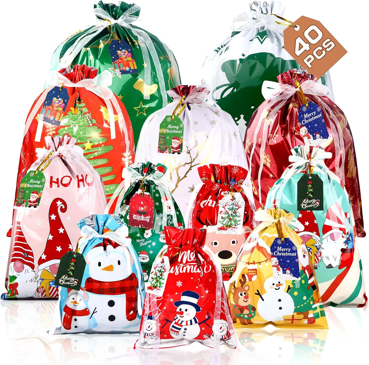 sunnino 40pcs christmas drawstring gift bags with tags, main product view