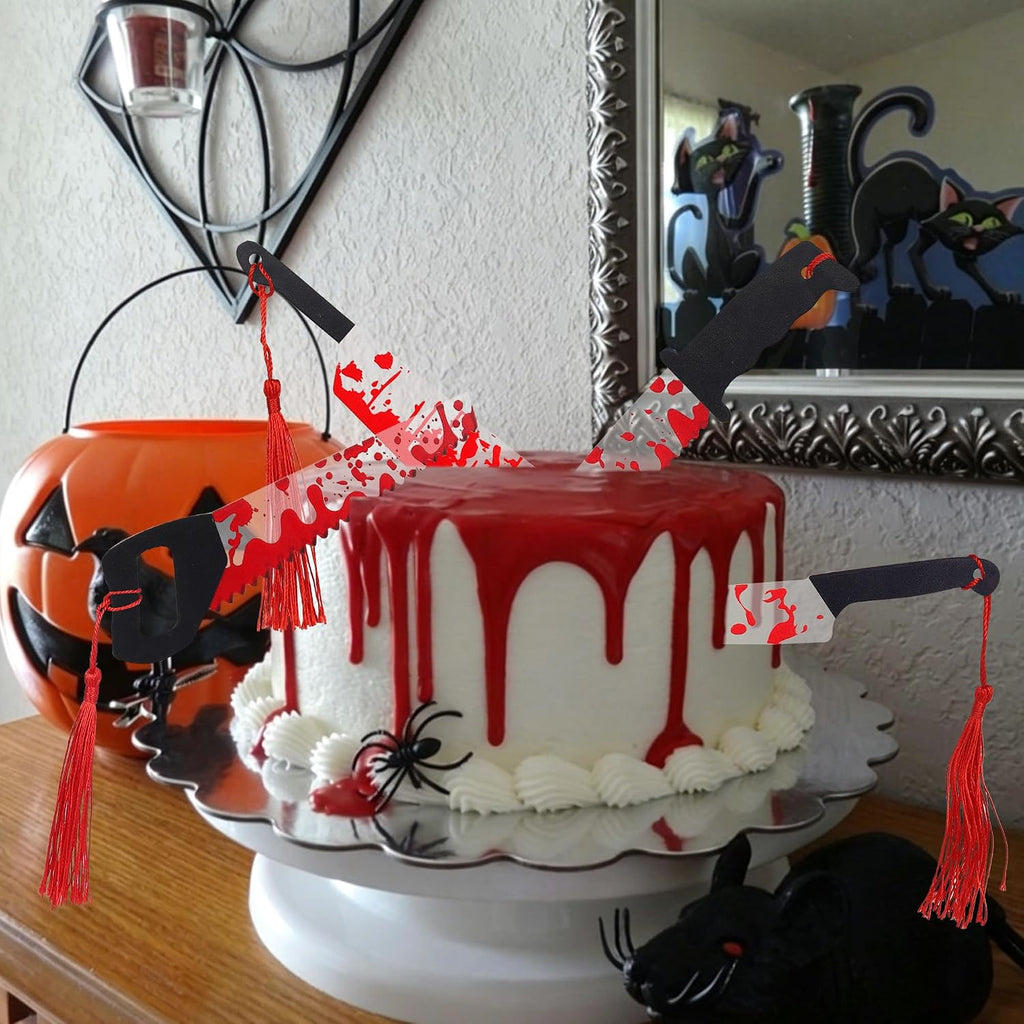 Rsstarxi 4 Pack Halloween Cake Topper Acrylic Blood Knife Cake Topper Have a Killer Horror Birthday Decorations for Halloween Party Decorations Supplies