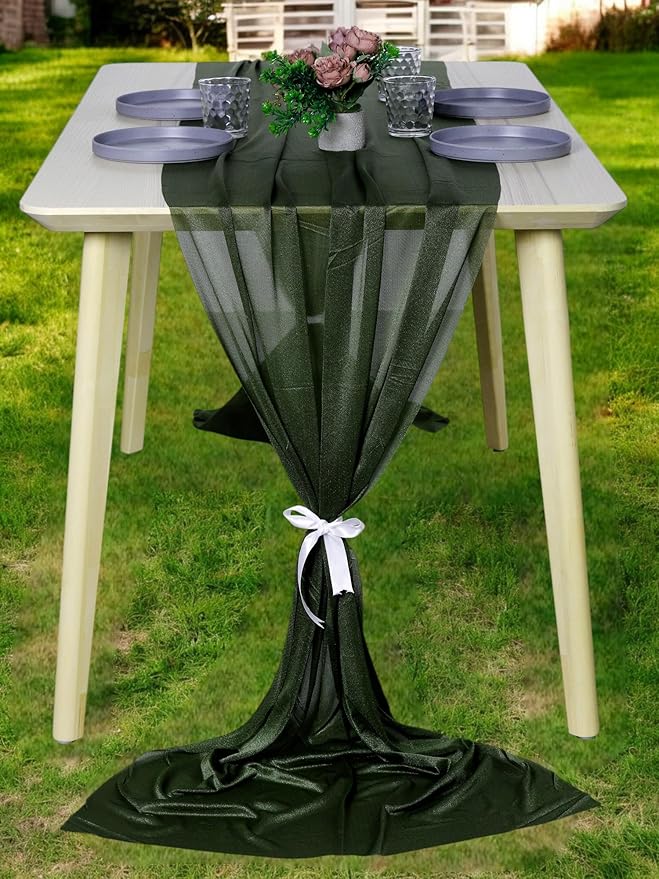 MDS 15 Pack 10ft Chiffon Table Runner 29 x 120 Inches Sheer Wedding Runner Romantic Rustic Table Runner for Wedding Decorations, Birthday Parties, Bridal Shower Party Arch Decor - Olive Green