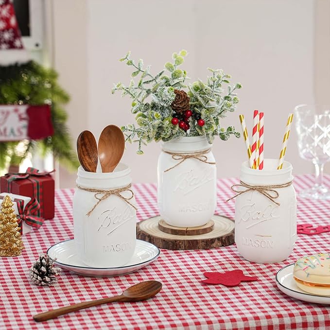 Christmas Mason Jars, Set of 3 White Painted Jars with Artificial Pine and Berries in Wood Tray, Christmas Centerpieces for Dining Table, Winter Home Decor