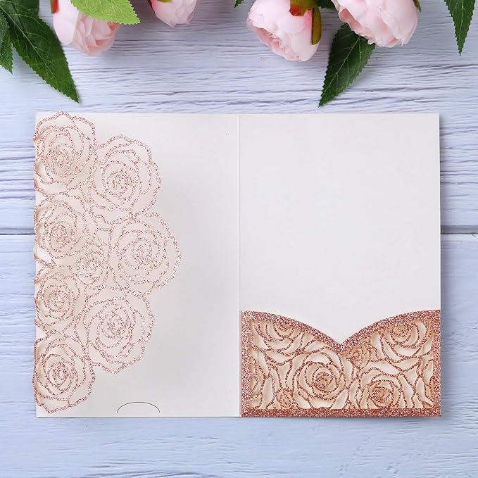 20 Pcs Laser Cut Wedding Invitations Card Pocket with Envelope for Birthday Party Baby or Bride Shower Invite suitable for 5 * 7 Inches Insert Paper (Rose Gold Glitter)