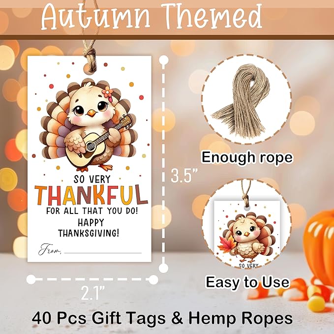 40 PCS Fall Gift Tags Thanksgiving Gift Tags with String, 2.1" x 3.5" Thanksgiving Design Present Label for Present Bags, Fall Party Favor Decorations, 4 Styles - A02