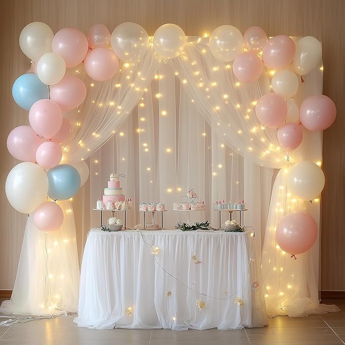 Tulle Backdrop Curtain with Lights String 20 X 8FT Ivory Sheer Tulle Backdrop Curtains for Wedding Birthday Party Reception Photo Booth Background Decorations (4 Panels 5x8FT)