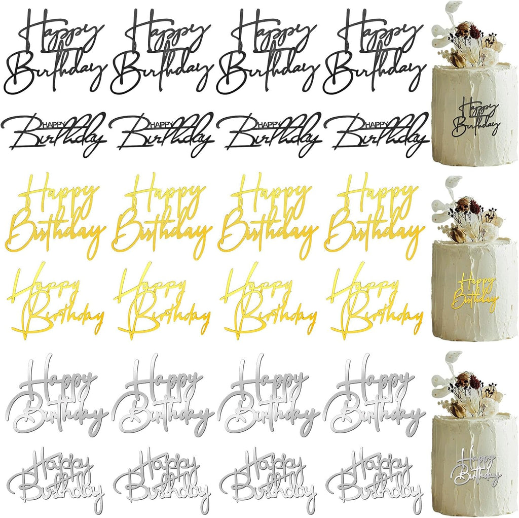 Barydat 24 Pieces Happy Birthday Cake Toppers Mirror Acrylic Cupcake Topper Happy Birthday Sign for Cake Side Cupcake Decorations, 3 Colors, 6 Styles
