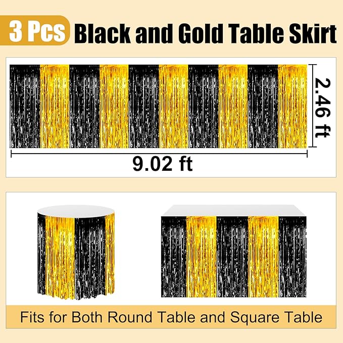 3 Pack 29 x108 Inch Black Gold Foil Fringe Table Skirts Metallic Banner for Tinsel Streamer Garland Backdrop for Parade Floats Wedding Thanksgiving Birthday Christmas New Year Party Decoration