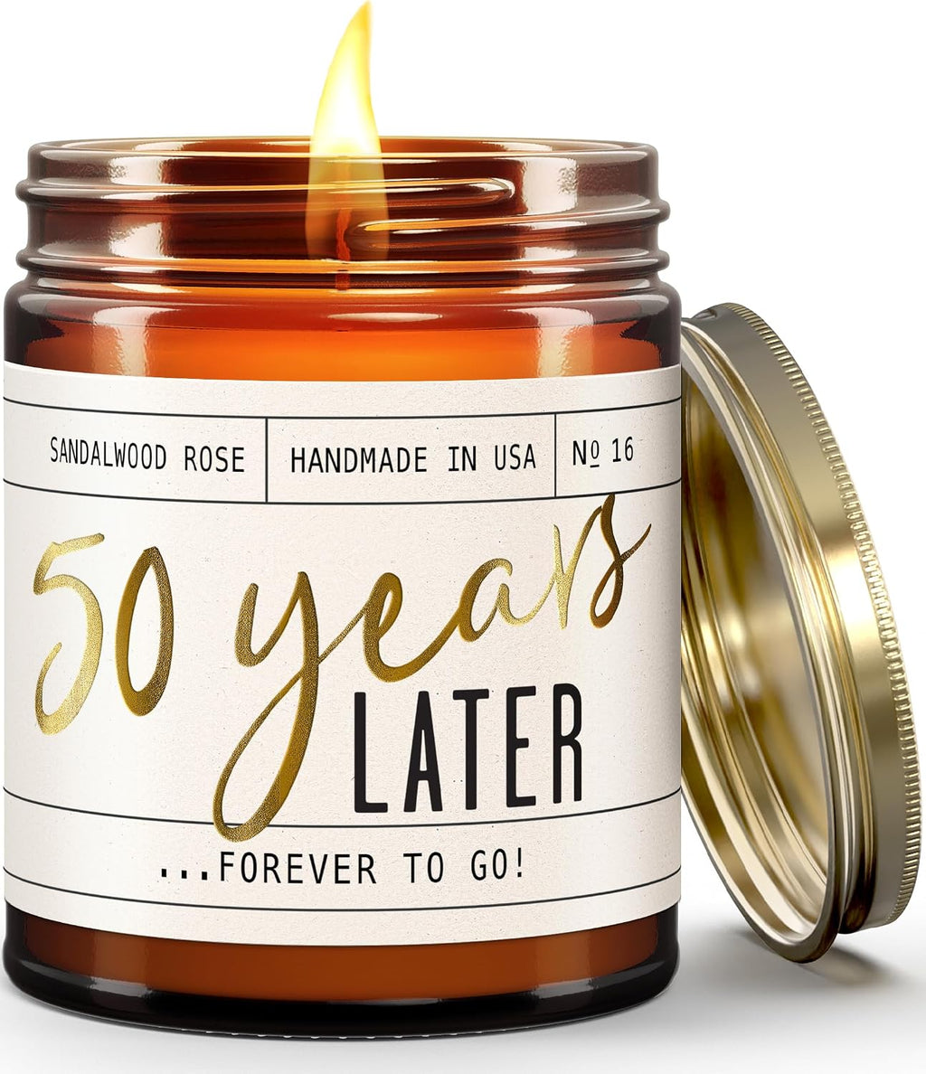 50th Wedding Anniversary Gifts, 50th Anniversary Gifts for Couple - '50 Year Later' Candle, w/Sandalwood Rose - infused w/Essential Oils I 50 Year Anniversary Gifts for Wife I 50Hour Burn I USA Made
