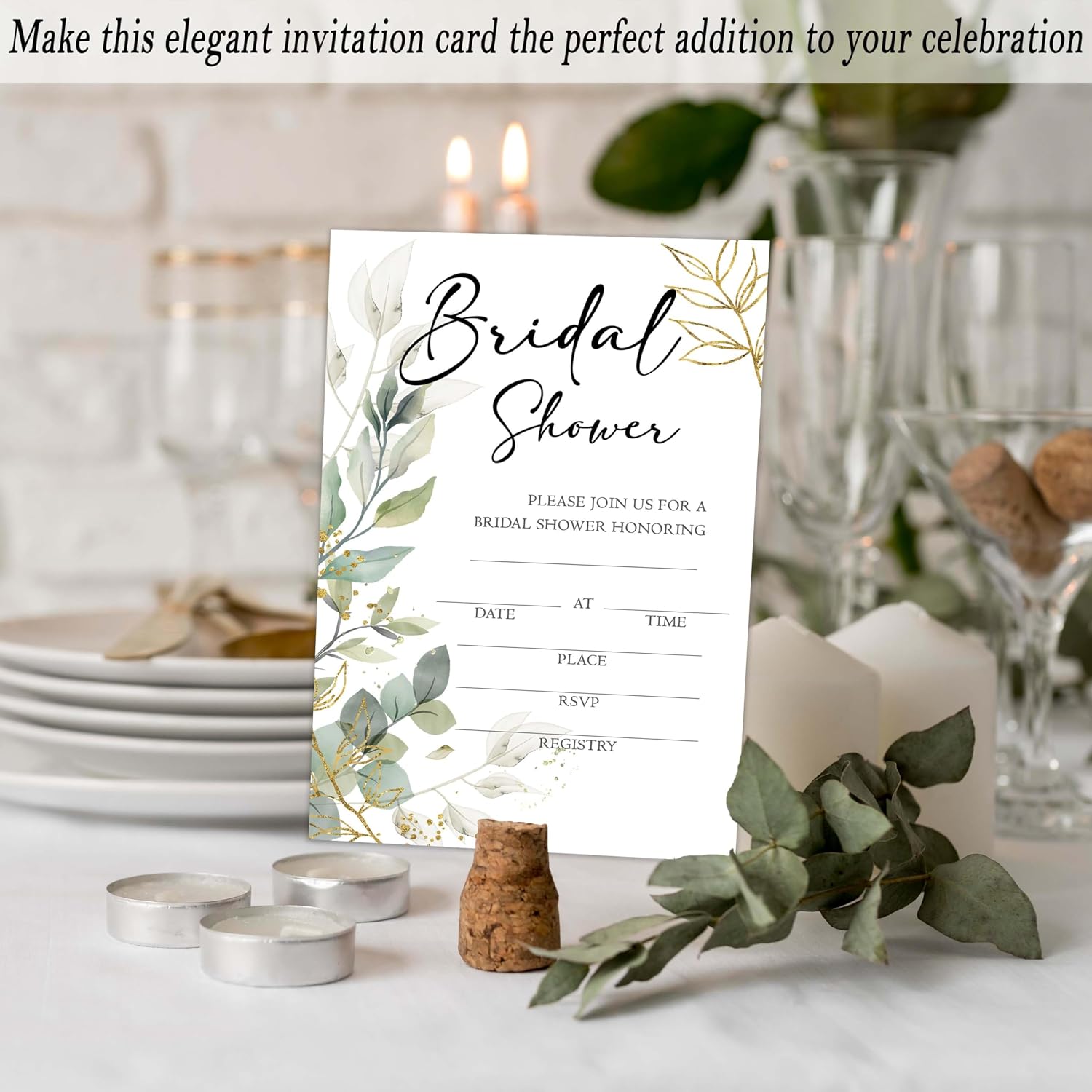 Bridal Shower Invitations, 25 Eucalyptus Invites with Envelopes for Bridal Shower Reception Engagement Party, Greenery Wedding Party Cards - A03