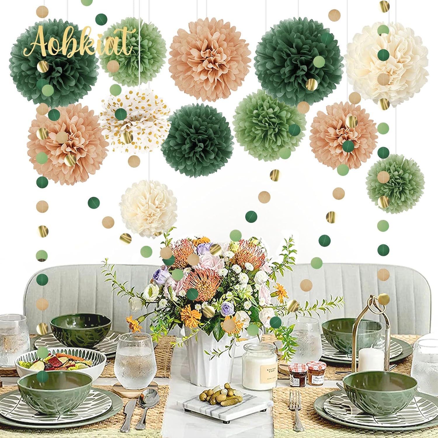 AOBKIAT Wedding Party Decorations Set,15PCS for Green Neutral Baby Shower | Green Khaki Tissue Paper Pom Poms,Garland String Hanging Backdrop for Engagement,Green Boho Themed,Bridal Shower