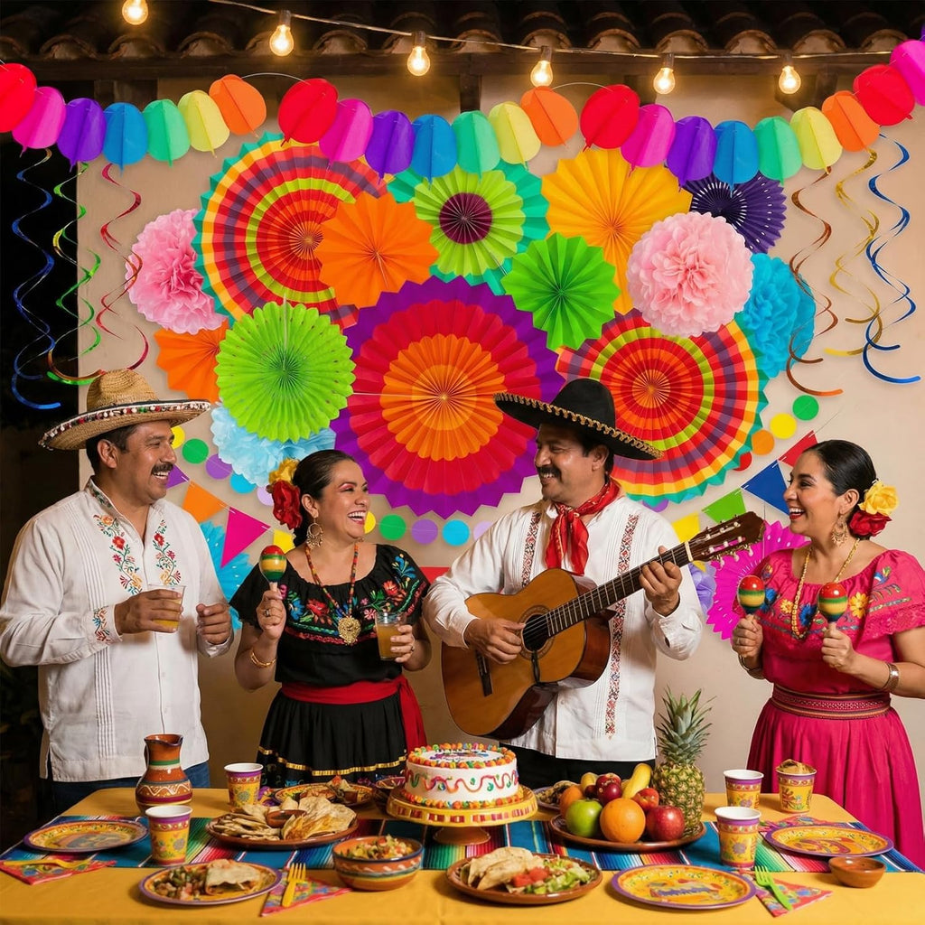 35PCS Fiesta Paper Fan Party Decorations Set | Cinco De Mayo Pom Poms, Pre-assembled Pennant, Garland String & Banner, Hanging Swirls, Hispanic Heritage Month Decor