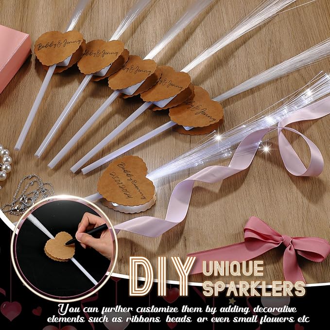 24 Pcs Wedding Sparklers Heart Shaped LED Glow Sticks Fiber Optic Wands Light up Wand with 3 Light Mode for Wedding Bridal Shower Birthday Glow in the Dark Party Supplies (Brown)