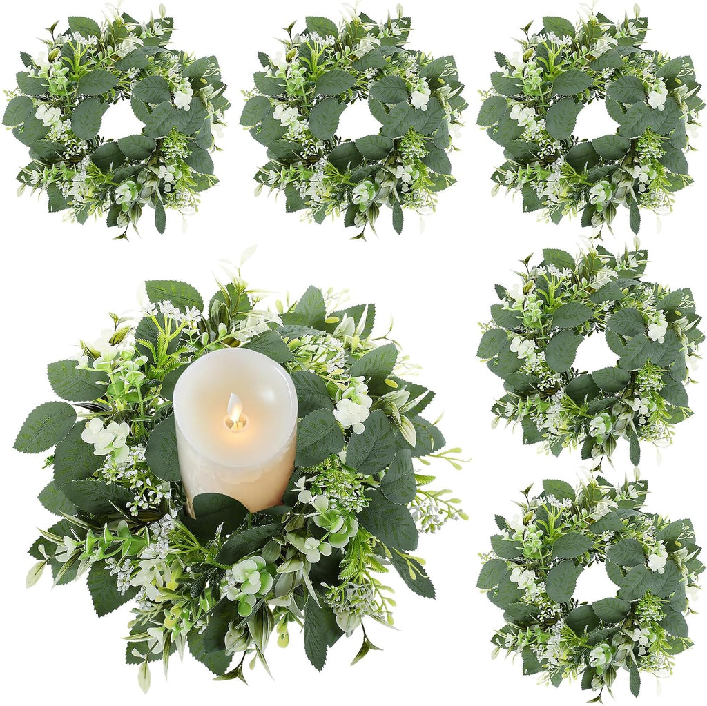 6 Pcs Artificial Eucalyptus Candle Rings Wreaths, 9 Inch Small Eucalyptus Wreath with Baby Breath, Greenery Candle Wreath Rings for Pillar Candle Table Centerpieces Wedding Home Decor